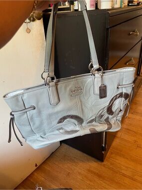 Coach Light Gray Leather Tote with Metallic Brown Signature Accents